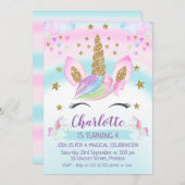 金ゴールドフェイクユニコーンレインボー1st誕生日招待状 招待状 (正面/裏面)