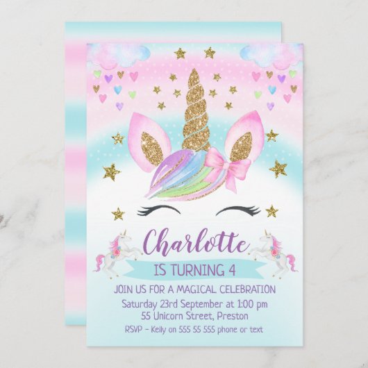 金ゴールドフェイクユニコーンレインボー1st誕生日招待状 招待状 (正面/裏面)