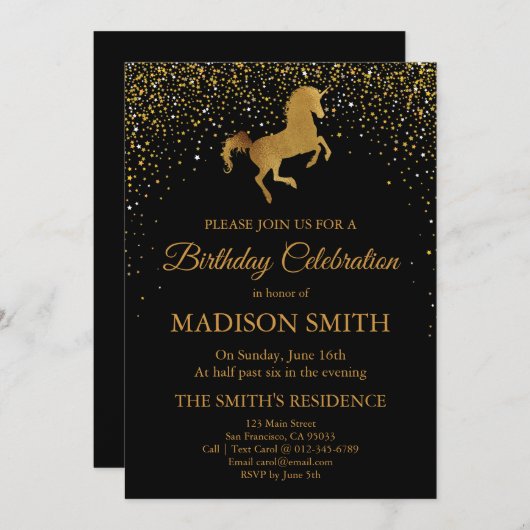 金ゴールドフェイクユニコーン誕生日招待状 招待状 (正面/裏面)