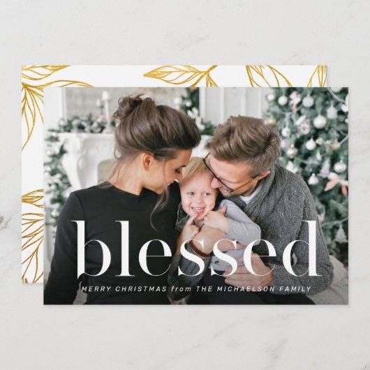 金ゴールドフェイクリーフプリント写真クリ賛美スマス 招待状 (正面/裏面)