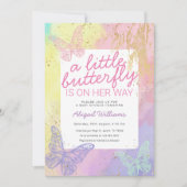 金ゴールドフェイクレインボー蝶ガールベビーシャワー 招待状 (正面)