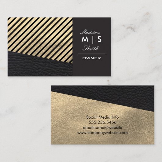 金ゴールドフェイクレザーとブラックレザートリムストライプ 名刺 (正面/裏面)