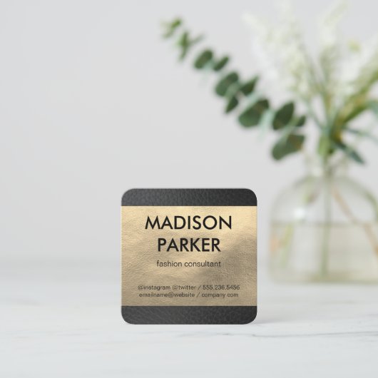 金ゴールドフェイクレザー/ブラックレザートリム スクエア名刺 (スタンド正面)