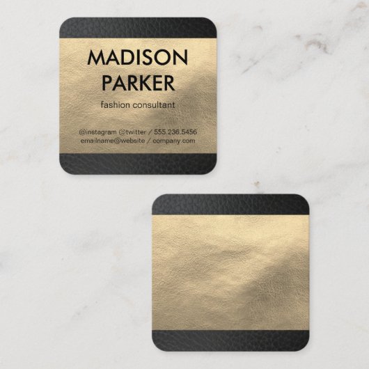 金ゴールドフェイクレザー/ブラックレザートリム スクエア名刺 (正面/裏面)
