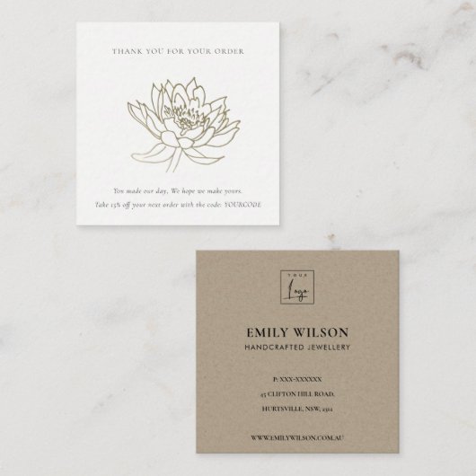 金ゴールドフェイクロータスフローラロゴショッピングありがとう スクエア名刺 (正面/裏面)