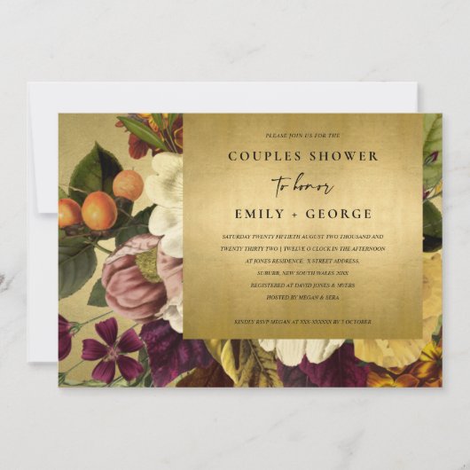 金ゴールドフェイクヴィンテージブルゴーニュフローラカップルのシャワー 招待状 (正面)