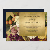 金ゴールドフェイクヴィンテージブルゴーニュフローラカップルのシャワー 招待状 (正面/裏面)