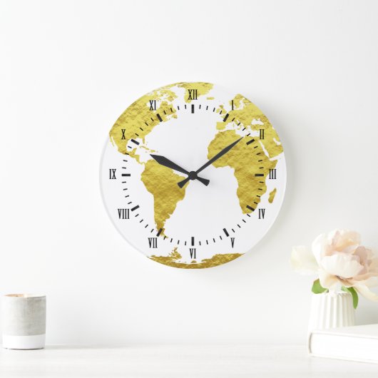 金ゴールドフェイク世界地図木製プランクス白数字 ラージ壁時計 (ホーム)