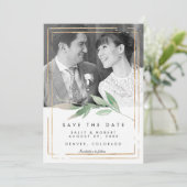 金ゴールドフェイク写真の結婚式は、デートカードを保存する サンキューカード (スタンド正面)