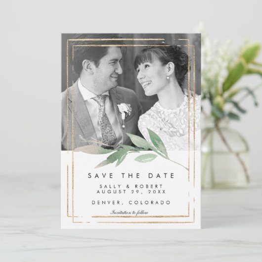 金ゴールドフェイク写真の結婚式は、デートカードを保存する サンキューカード (スタンド正面)