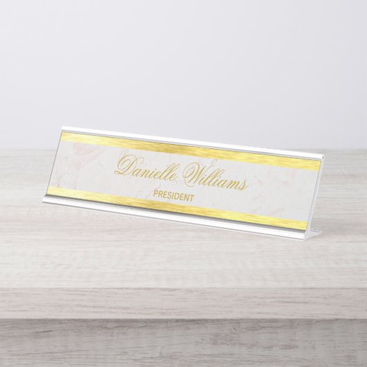 金ゴールドフェイク大理石エレガント書黄金白色 デスクネームプレート (正面)