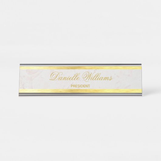 金ゴールドフェイク大理石エレガント書黄金白色 デスクネームプレート (正面)