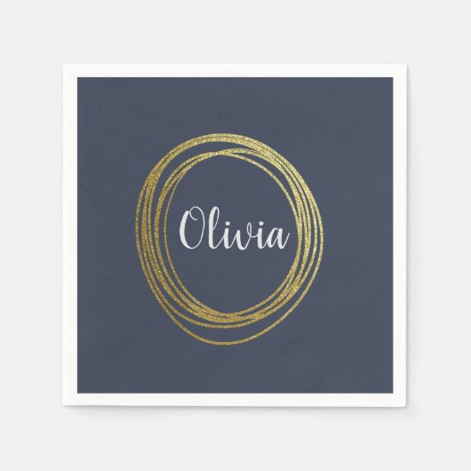 金ゴールドフェイク抽象芸術円デザイン（名前） スタンダードカクテルナプキン (正面)