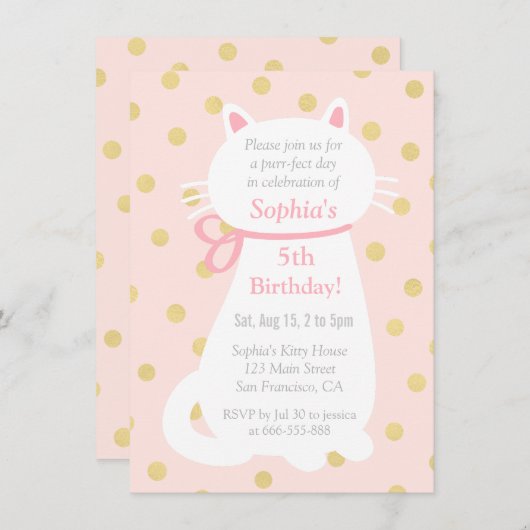 金ゴールドフェイク水玉模様白猫バースデーパーティー 招待状 (正面/裏面)