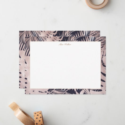 金ゴールドフェイク箔葉熱帯ブルーモノグラム ノートカード (正面/裏面インサイチュ)