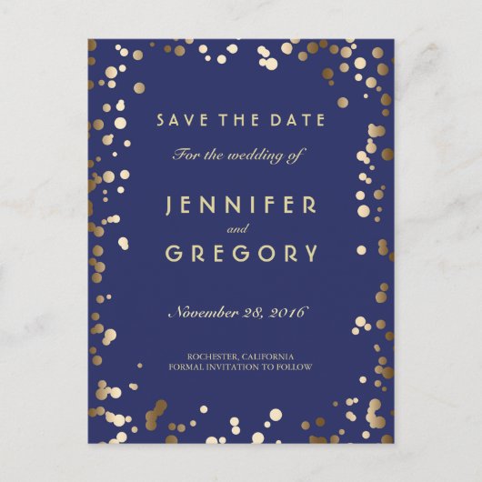金ゴールドフェイク紙吹雪ネイビー日付はがきを保存 案内ポストカード (正面)