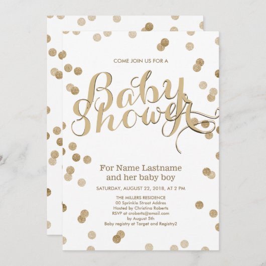 金ゴールドフェイク紙吹雪モダンベビーシャワー招待状 招待状 (正面/裏面)