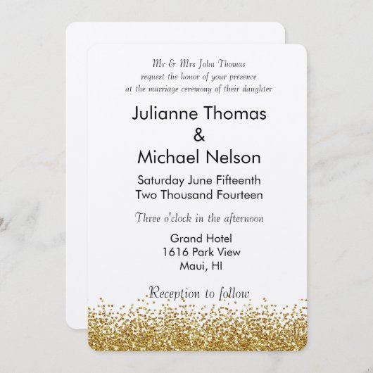 金ゴールドフェイク結婚グリッター 招待状 (正面/裏面)