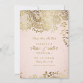 金ゴールドフェイク赤面エレガントレース結婚式の日付を保存 セーブザデート (正面)