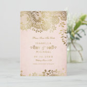 金ゴールドフェイク赤面エレガントレース結婚式の日付を保存 セーブザデート (スタンド正面)