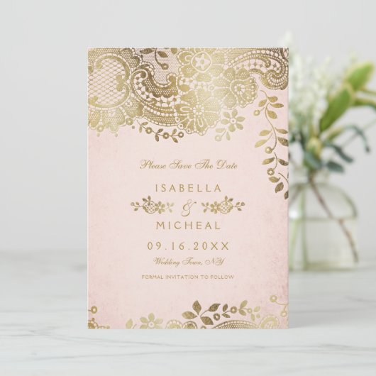 金ゴールドフェイク赤面エレガントレース結婚式の日付を保存 セーブザデート (スタンド正面)