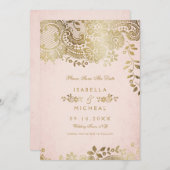 金ゴールドフェイク赤面エレガントレース結婚式の日付を保存 セーブザデート (正面/裏面)