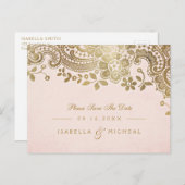 金ゴールドフェイク赤面エレガントレース結婚式の日付を保存 案内ポストカード (正面/裏面)