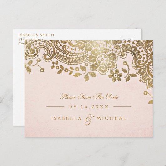 金ゴールドフェイク赤面エレガントレース結婚式の日付を保存 案内ポストカード (正面/裏面)