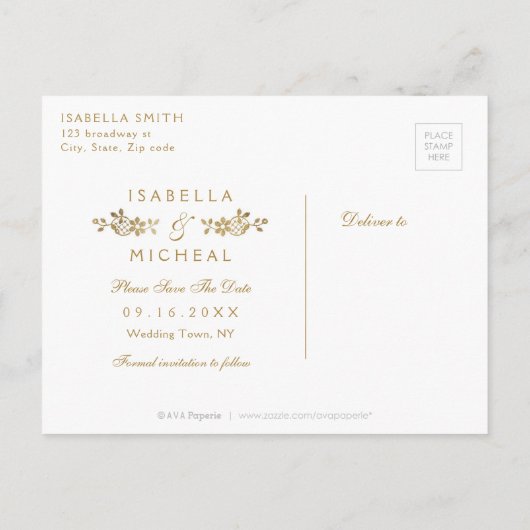 金ゴールドフェイク赤面エレガントレース結婚式の日付を保存 案内ポストカード (裏面)