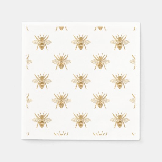 金ゴールドフェイク金属箔フォトエフェクトミツバチの白 スタンダードカクテルナプキン (正面)