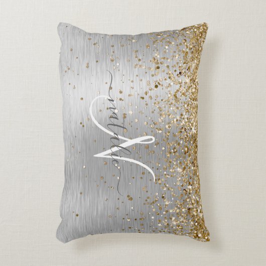 金ゴールドフェイク銀ブラシ仕上げ金属グリッターモノグラム アクセントクッション (正面(垂直))