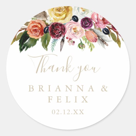 金ゴールドフェザーボホフローラサンキュー結婚式の引き出物 ラウンドシール (正面)