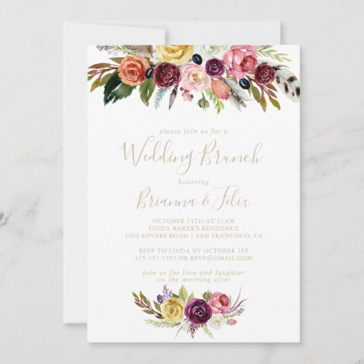 金ゴールドフェザーボホ熱帯フローラ結婚ズブランチ 招待状 (正面)