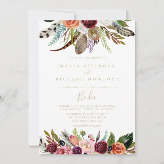 金ゴールドフェザーボホ熱帯フローラ結婚ズ 招待状 (正面)