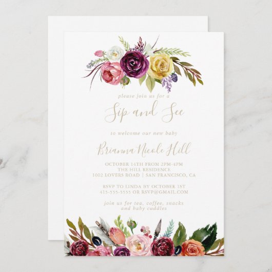 金ゴールドフェザーボーホトロピカルsipとシー招待状 招待状 (正面/裏面)