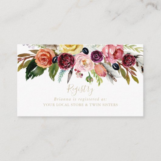 金ゴールドフェザーBohoトロピッ結婚クのギフトレジストリ エンクロージャーカード (正面)