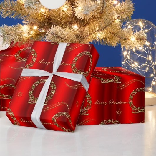 金ゴールドフェスティバルリースオンレッドクリスマス ラッピングペーパー (クリスマス)