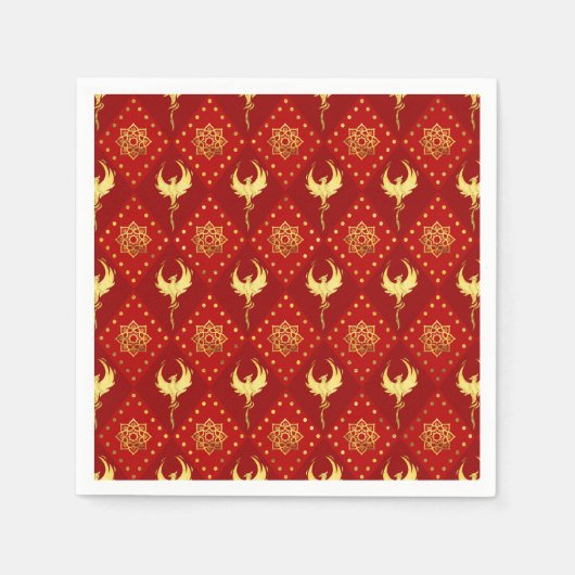 金ゴールドフェニックスとロータスのシンボルの赤いパターン スタンダードカクテルナプキン (正面)