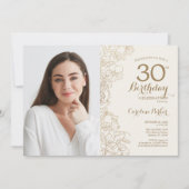 金ゴールドフェミニンフローラ写真30歳の誕生日 招待状 (正面)