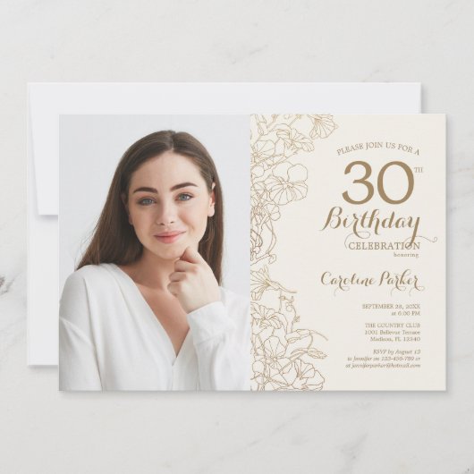 金ゴールドフェミニンフローラ写真30歳の誕生日 招待状 (正面)
