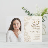金ゴールドフェミニンフローラ写真30歳の誕生日 招待状 (スタンド正面)