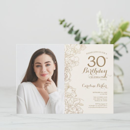 金ゴールドフェミニンフローラ写真30歳の誕生日 招待状 (スタンド正面)
