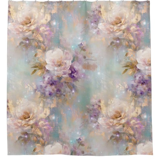 金ゴールドフェミニン白い花 シャワーカーテン (正面)