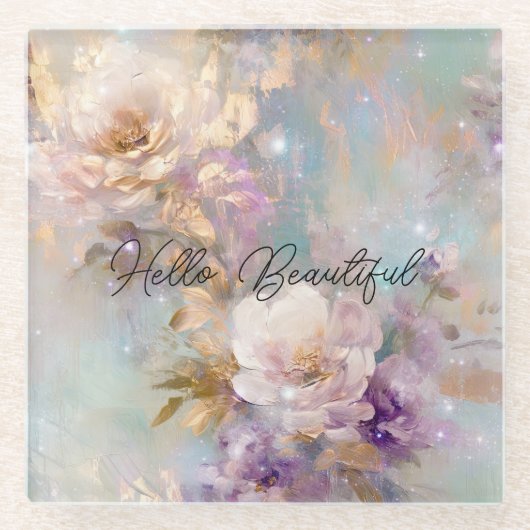 金ゴールドフェミニン紫の白い花 ガラスコースター (正面)