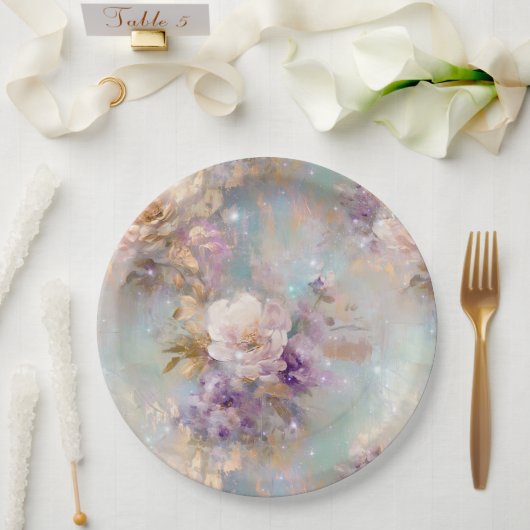 金ゴールドフェミニン紫の白い花 ペーパープレート (ウェディング)