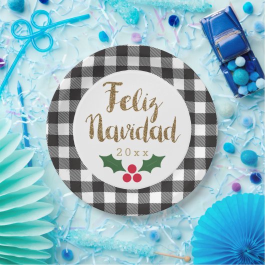 金ゴールドフェリズナビダッド白黒バッファロープレイド ペーパープレート (パーティー)