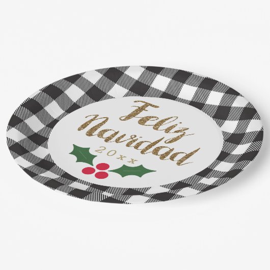 金ゴールドフェリズナビダッド白黒バッファロープレイド ペーパープレート (アングル)