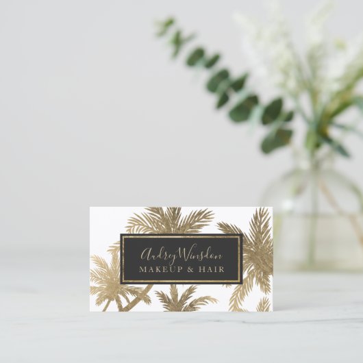 金ゴールドフォイモダンルグラムヤシの木の化粧ヘアスクリプト 名刺 (スタンド正面)