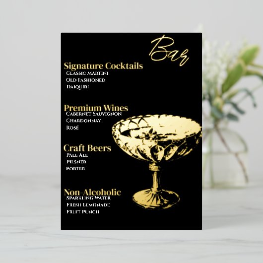金ゴールドフォイルのカクテルパーティーバーメニュー 箔シーズンカード (立ち正面)