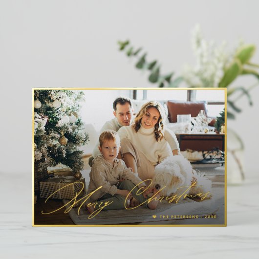 金ゴールドフォイルエレガントメリークリスマススクリプト3写真 箔シーズンカード (立ち正面)